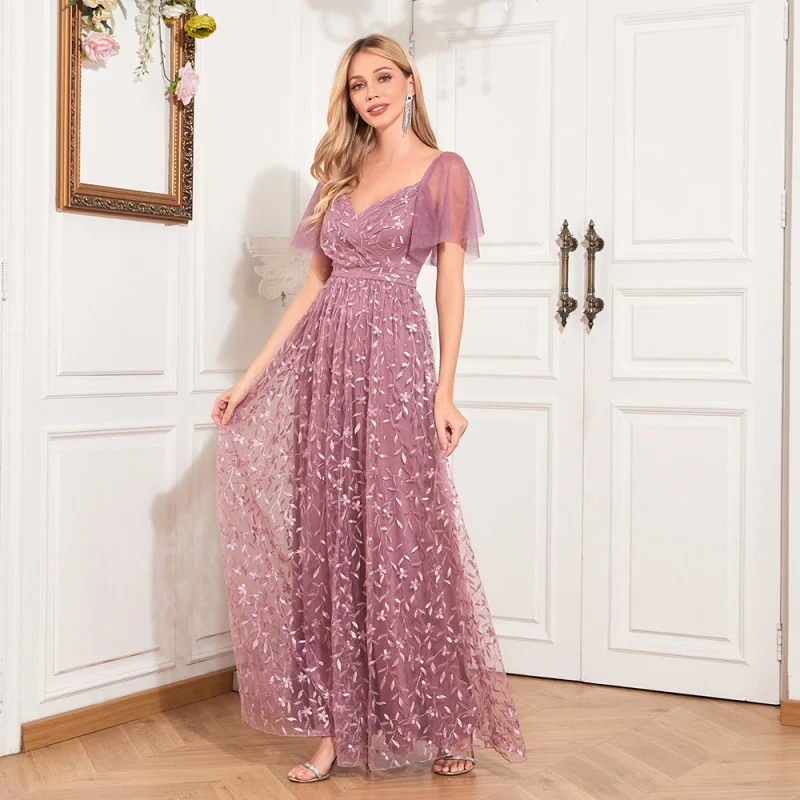 

European and American New Elegant See-through Short SleeveVCollarUBack Evening GownAEmbroidered Mesh Full Dress