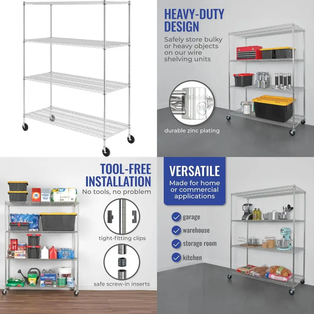 أرفف تخزين سلكية عالية التحمل مكونة من 4 طبقات معتمدة من NSF مع عجلات، أقدام قابلة للتعديل، 24 × 60 × 72، فضي، معتمدة من الدرجة التجارية NSF