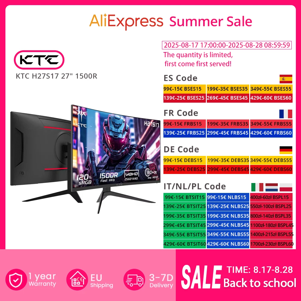 KTC H27S17 Monitor da gioco curvo da 27 1500R QHD 2560x1440 16:9 ELED 180Hz 120% sRGB 4000:1 Rapporto di contrasto 1 ms Tempo di risposta MPRT
