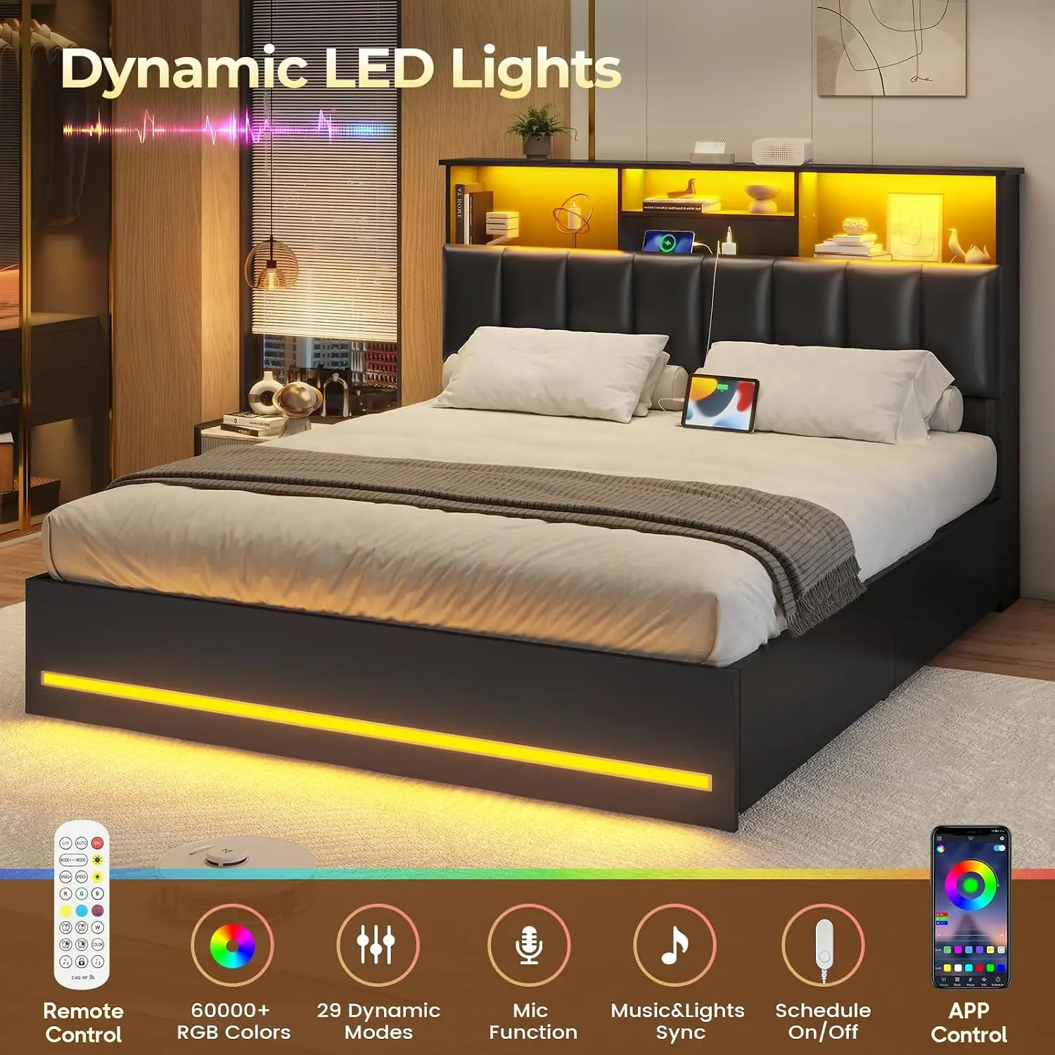 Full Bed Frame Bookcase Headboard Charging Station 4 Drawers LED Lights USB Type-C No Box Spring Black, Customized image 5