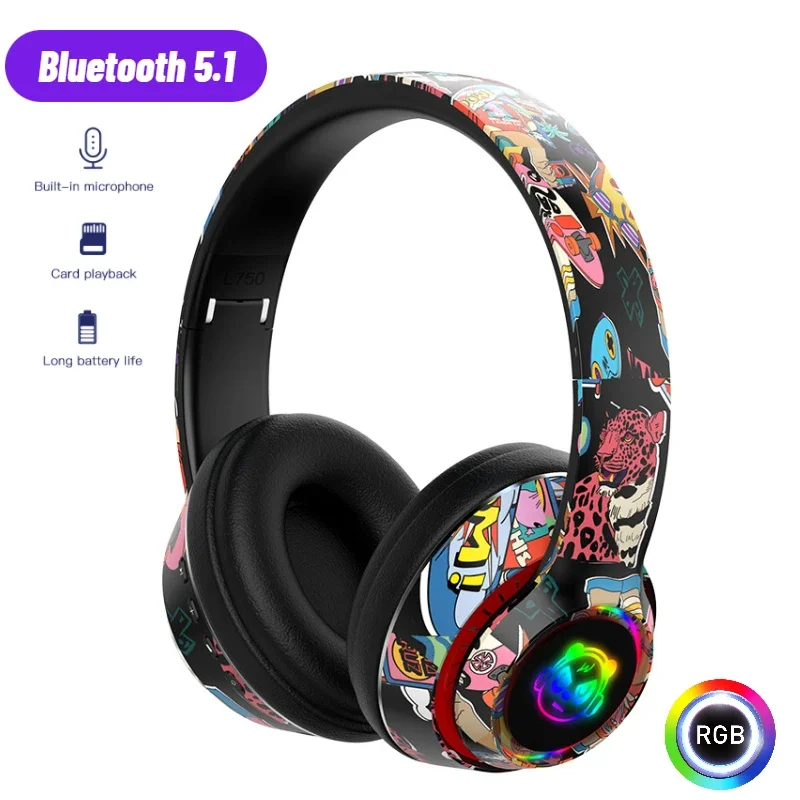 

Беспроводная гарнитура с граффити, вспышка, детские наушники с микрофоном, Bluetooth-гарнитуры, стерео музыкальные геймерские наушники, подарок для детей