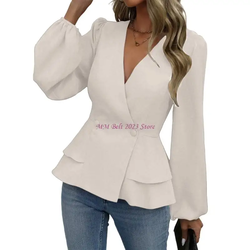 

49ME Женская элегантная деловая рубашка с пышными рукавами и v-образным вырезом с рюшами, однотонная рубашка по фигуре