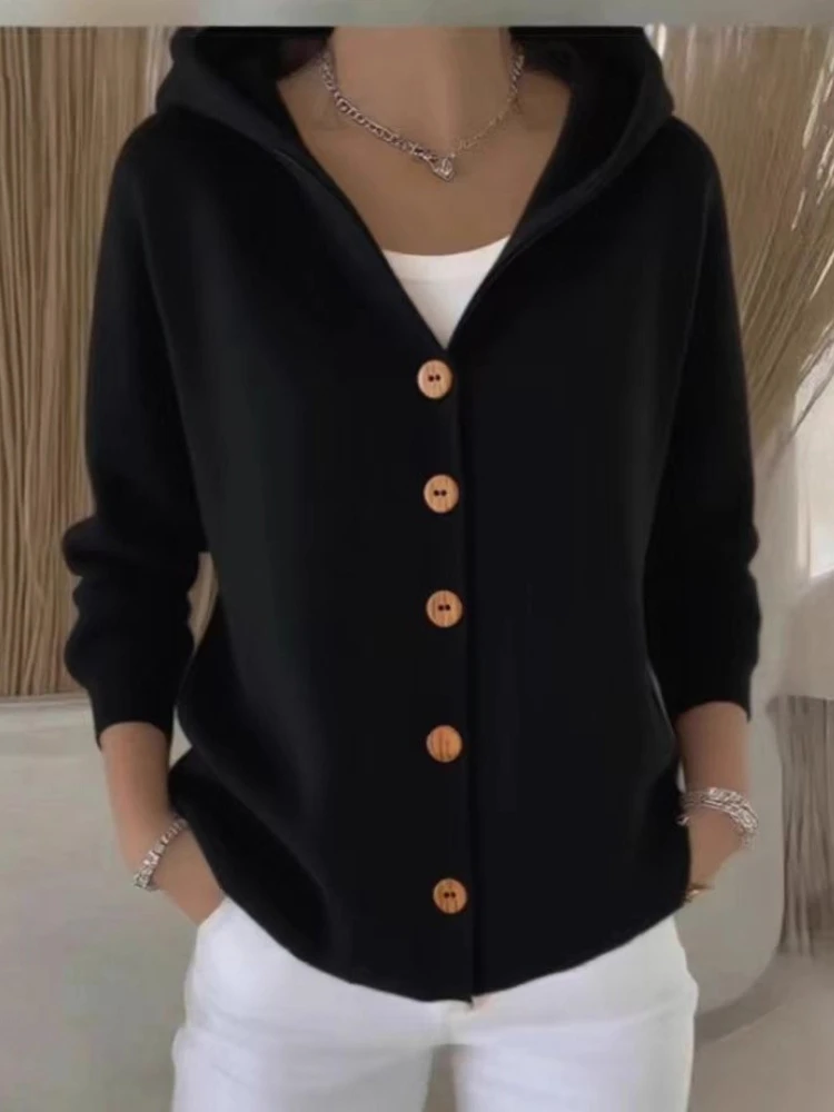 2025 الخريف والشتاء موضة جديدة المرأة أنيقة سترة مشغولة من الصوف مقنعين الدافئة سميكة طويلة الأكمام سترة فضفاضة #3