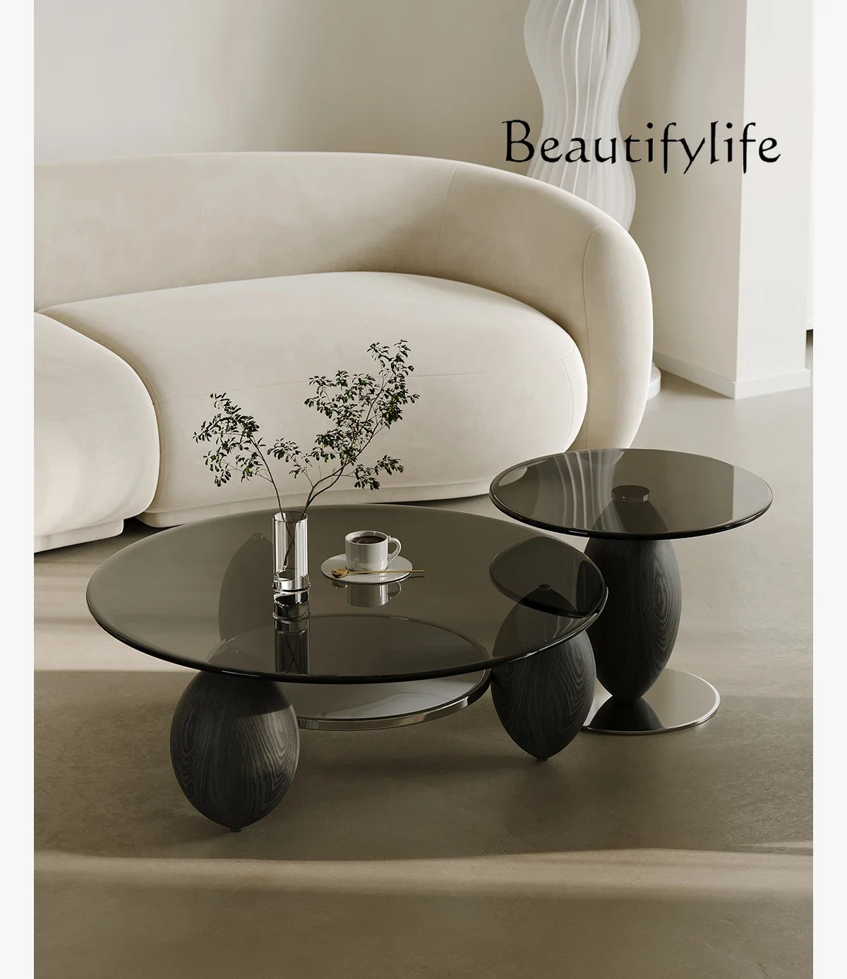 

Glass Tea Table Combination Small Apartment Minimalist Italian Black Creative Ash Wood round Tea Table