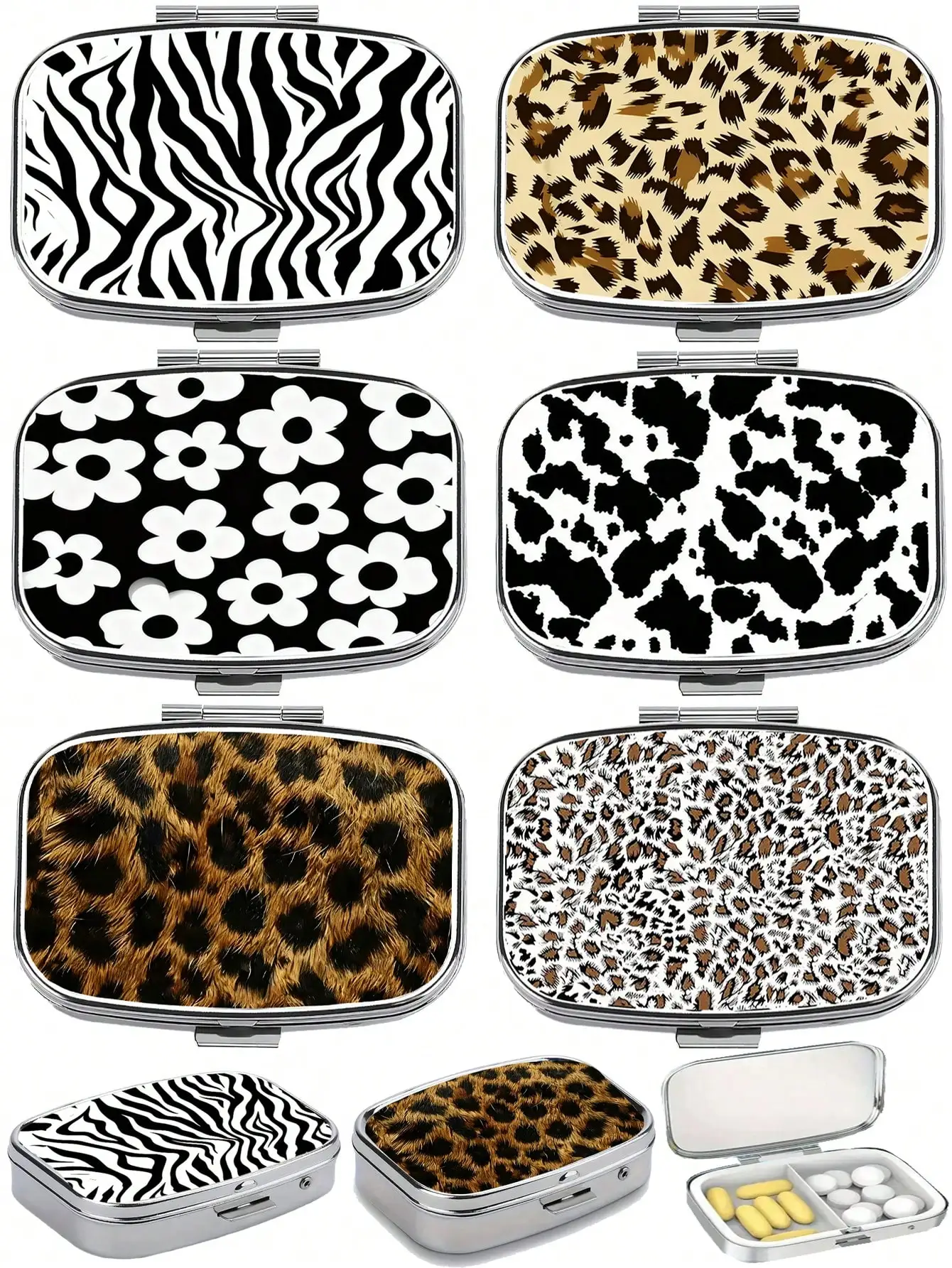 

2-Compartment Leopard Print & Black White Pattern Polypropylene Pill Box, Portable Square Vitamin Case, Decorative Medication Storage Gift Box Suitable For Wallet And Travel