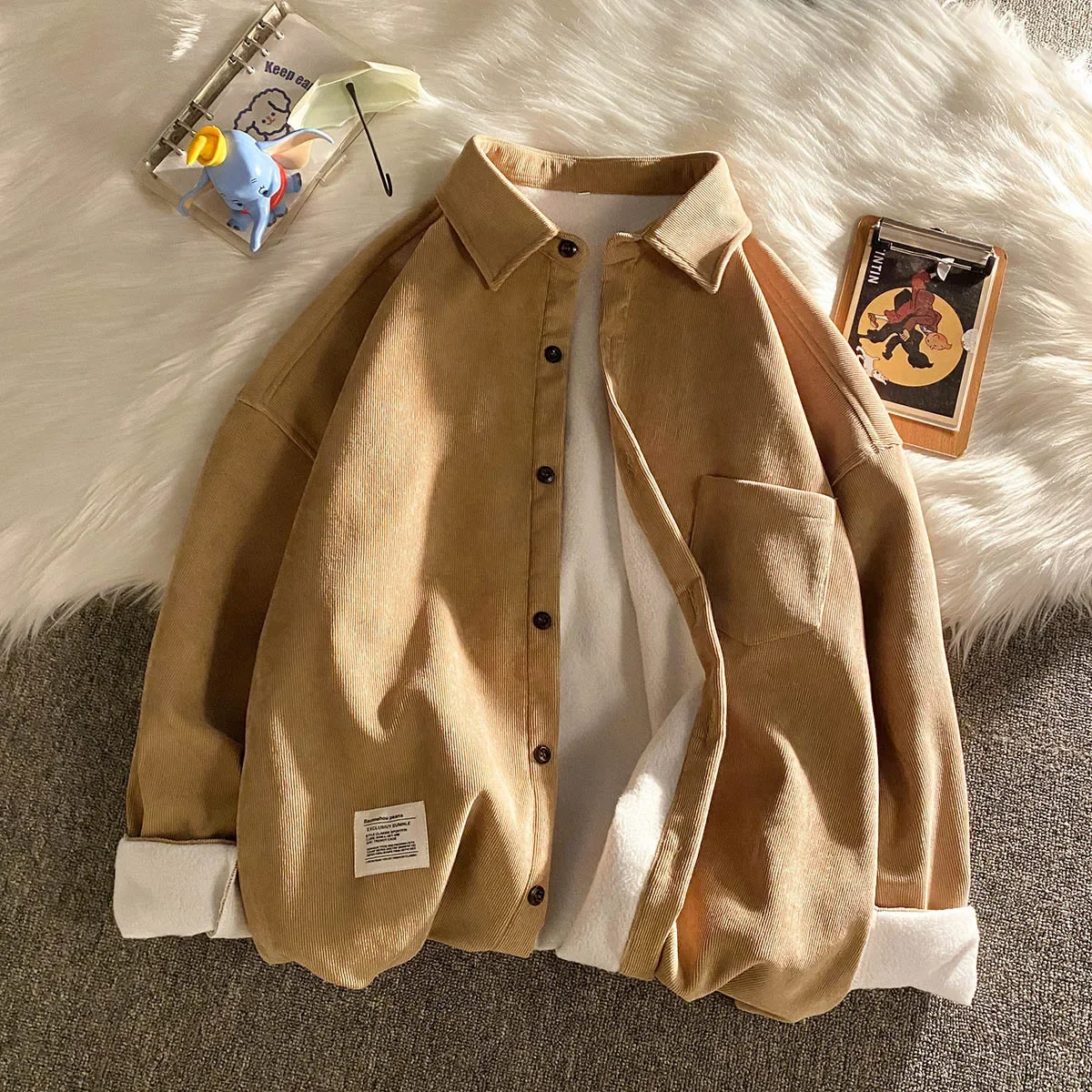 Legible Autumn Winter Thicken Corduroy Fleece Shirts Mens Casual Loose Warm Long Sleeve Shirt Male