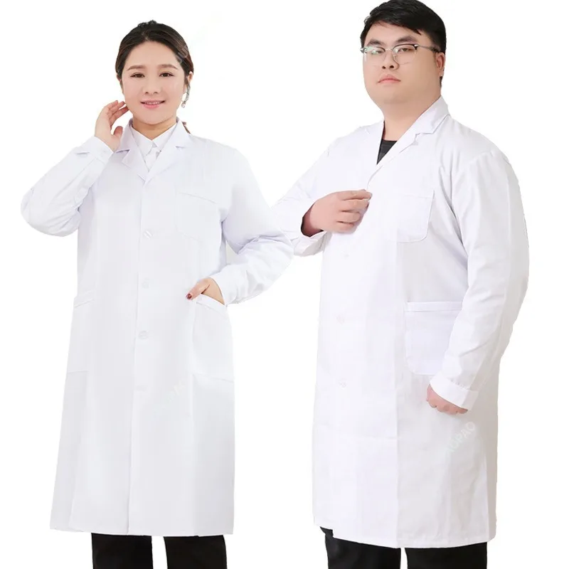 Bata de laboratorio de manga corta para médico, vestido de enfermera, uniformes médicos de manga larga, chaqueta blanca con cinturón de cintura ajustable, talla grande