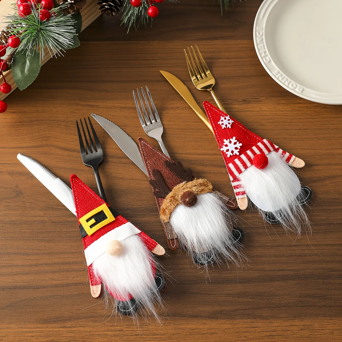 3pc Gnome Cutlery Holder Table Decor  Knife & Fork Storage for Holiday Dining New Year's Eve, Xmas Party Decorations