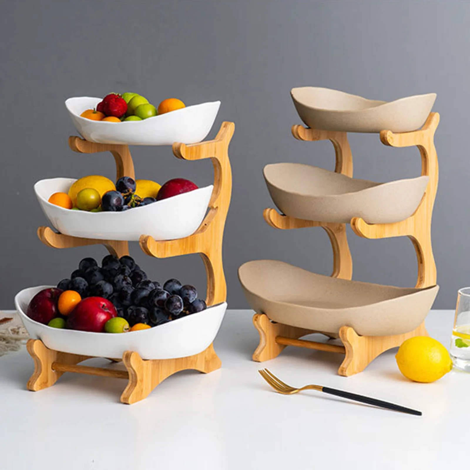 3 Layer Multi-layer Ceramic Fruit Plate Bamboo Wooden Frame Household Sushi Plate Basket Bowl Holder snack tray special plates