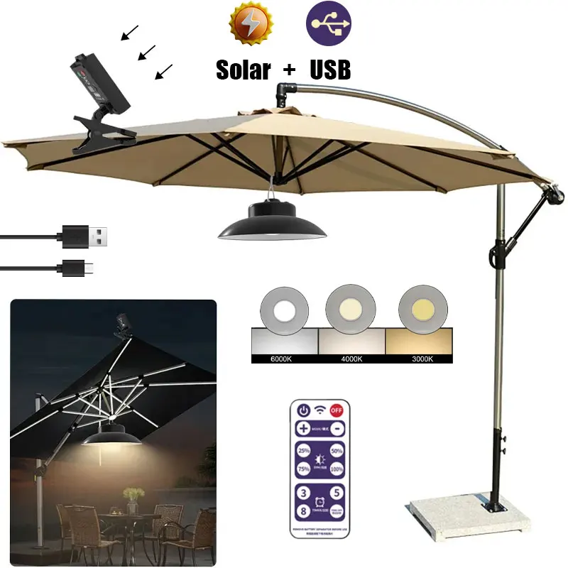 USB Rechargeable Solar LED Light Patio Camping Terrace Parasol Clip Light Solar Outdoor Courtyard Garden Umbrella LED Portable