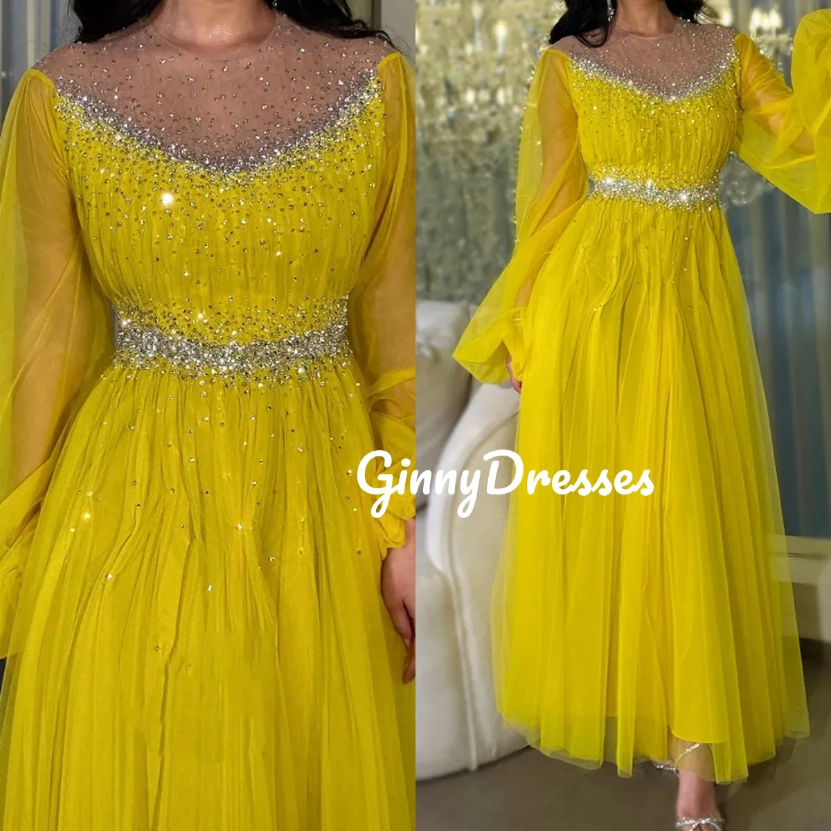 

Beadings A-Line Luxury Evening Dresses Scoop Neckline Ankle-Length Vestidos De Fiesta Ruffle Zipper Up Long Sleeves Prom Dress