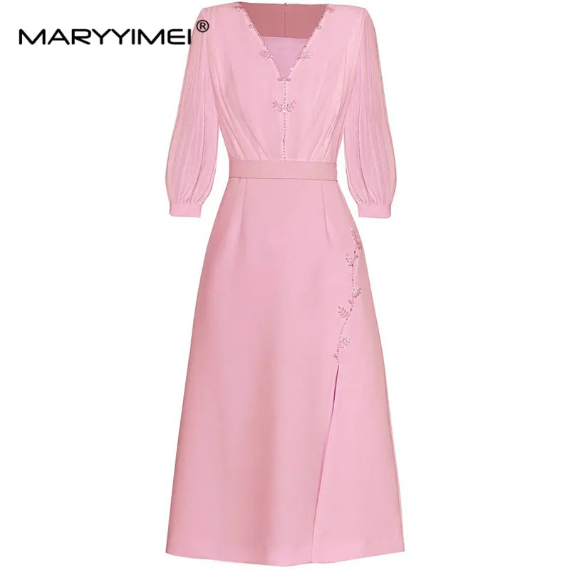 

MARYYIMEI Fashion Runway dress Spring Summer Woman's Dress V-Neck Three Quarter Sleeve Pearl Beading Slim Elegant Split Dresses