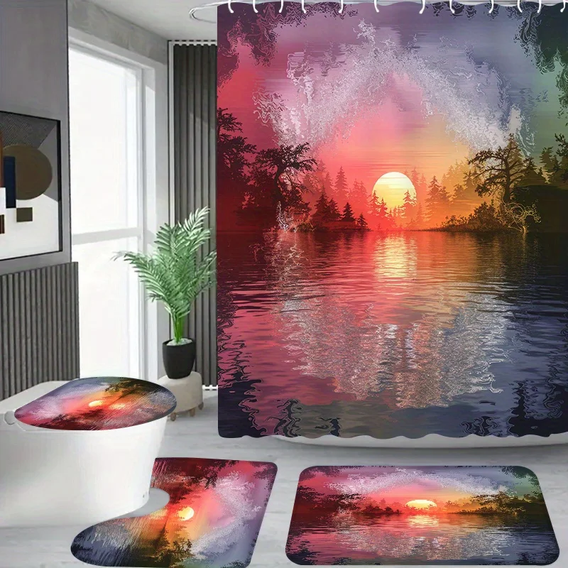 

4pcs Oil Painting Style Sunrise Pattern, Apartment Bathroom, Shower Room Shower Curtain, Hotel Shower Curtain Set with