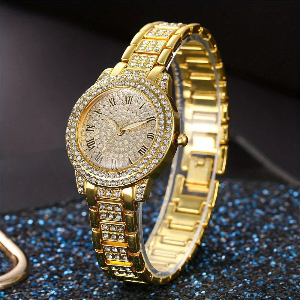 2PCS Watch Combo Set, Elegant Luxury Gold Wristwatch for Women, Exquisite Casual Wristwatch, Special Gift for Ladies