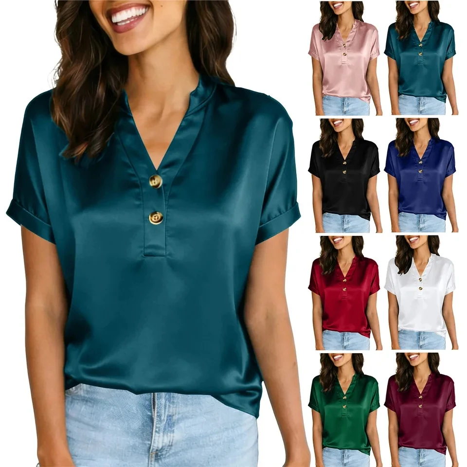 

Women Satin Blouse Short Sleeve V Neck Button Elegant Basic Tops Office Lady Plain Shirt Tops Blusas Summer Casual Blouses