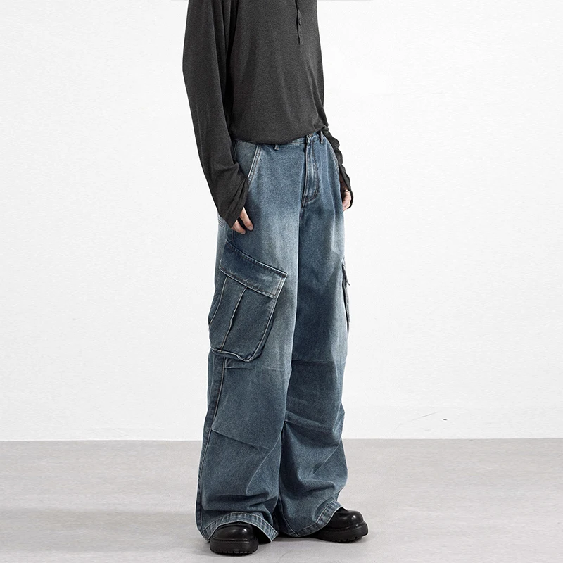 

2025 autumn street multi pocket workwear unisex jeans for men and women fashion Y2K trend loose wide leg pants