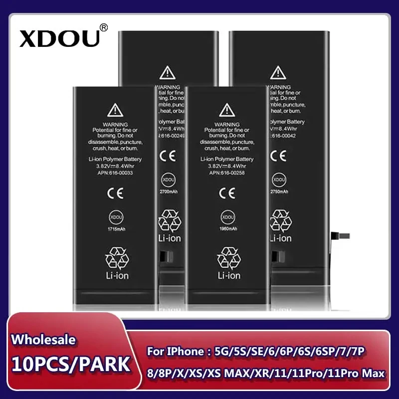 XDOU 10pcs/Lot Battery For iPhone 6 S 7 8 Plus 5S 5 SE 2020 6Plus 7Plus X XS 11 12 13 Mini Pro Max Replacement For  6S