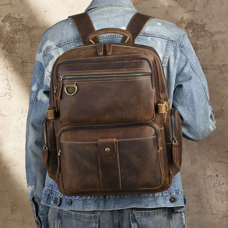 Large Capacity Laptop Rucksack Crazy Horse Leather Multi-Pocket Genuine Cowhide Daypack  Men's Retro Heavy Duty Leather Backpack