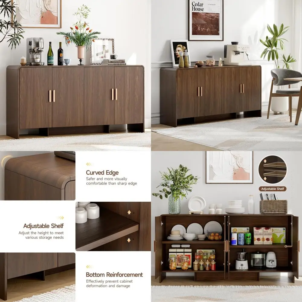 Farmhouse Style Curved Sideboard Buffet Cabinet with 4 Doors, Adjustable Shelves for Living Room and Dining Area Storage