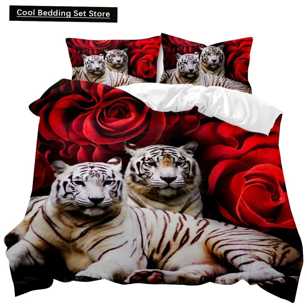 Tiger Duvet Cover Set Red Rose Flower Comforter Cover Boys African Safari Wild Animals Big Cat Queen King Polyester Qulit Cover