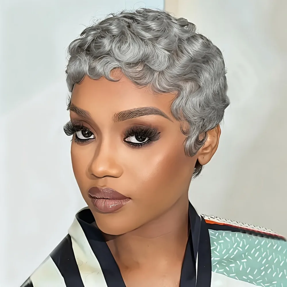 Remy Human Hair Wig, Short Curly Pixie Cut with Bangs