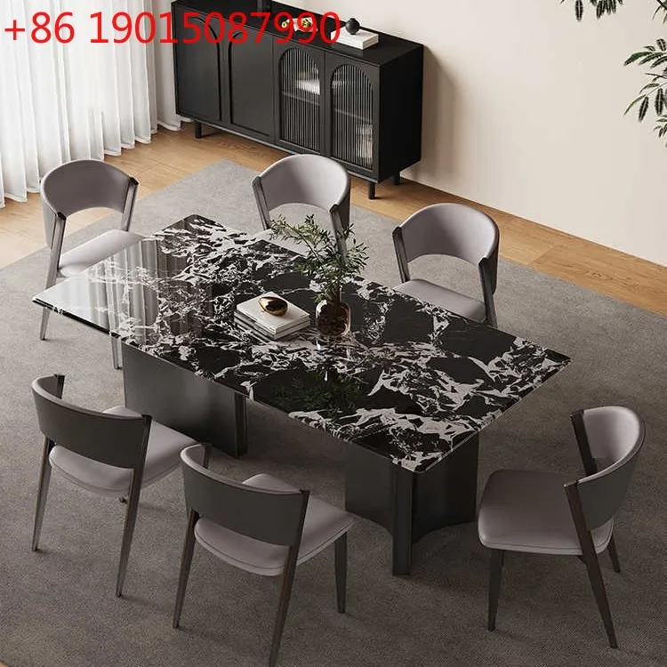 

Luxury stone dining table Modern simple rectangular household natural marble dining table and chair combination dining table