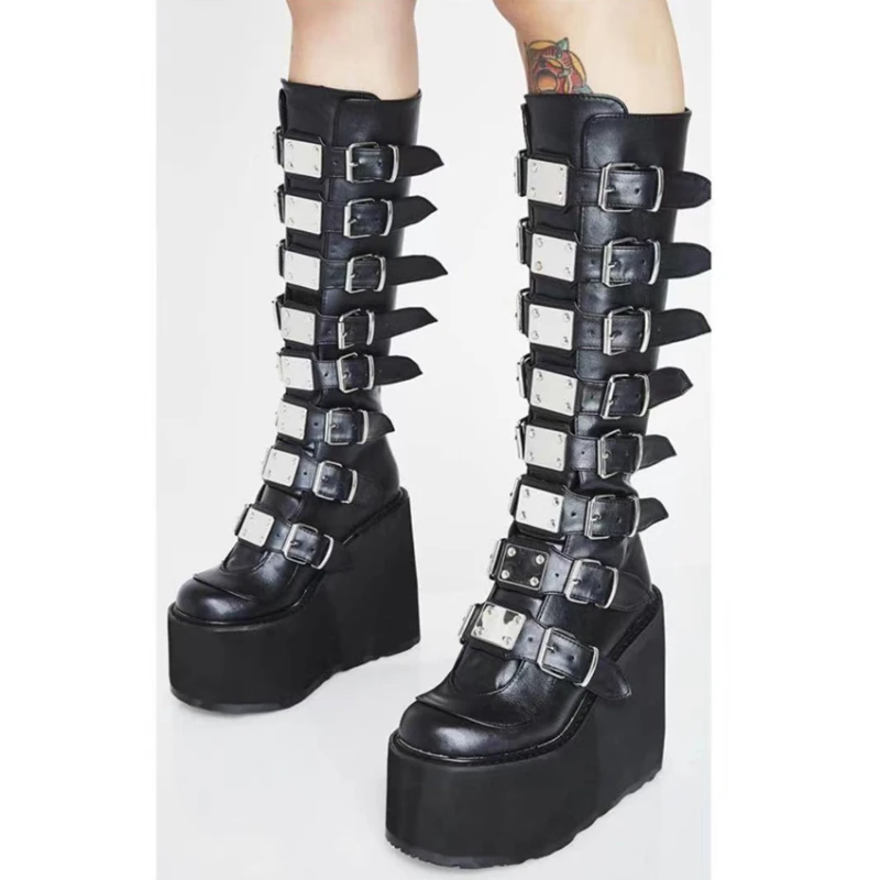 Botas longas de couro para mulheres, plataforma preta, cunhas altas, punk, cosplay, conforto, sapatos femininos, estilo gótico, para senhoras