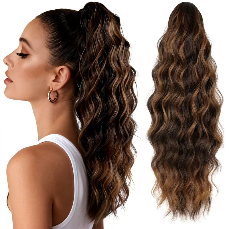 European and American style women's wig with large claw clip, water wave ponytail, deep long curly hair, elegant cloud perm pony