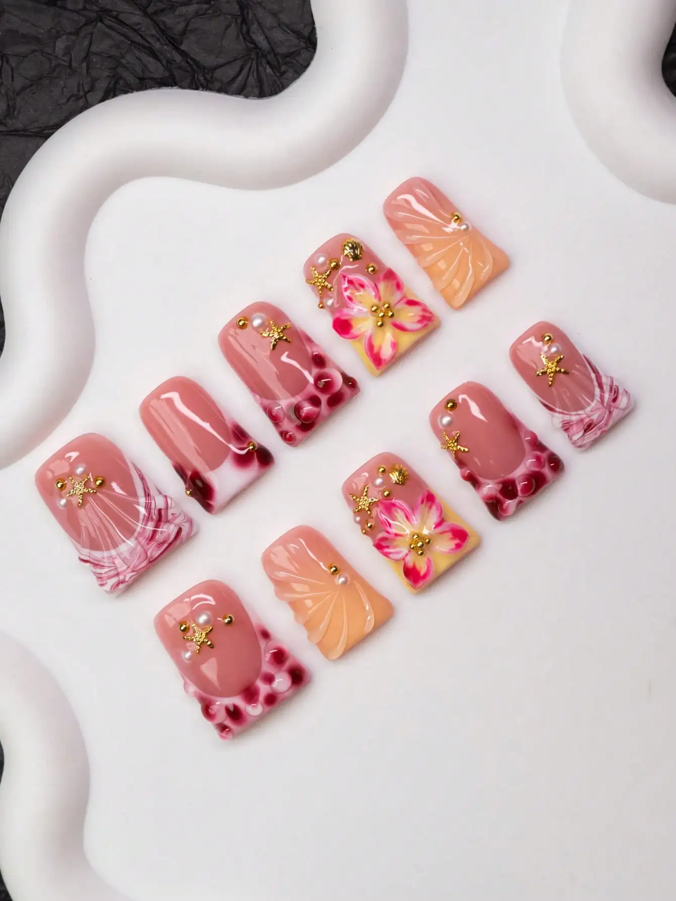 

10pcs/Set Handmade Ocean Theme Duck Mouth Nail Tips, Nude, Red, Orange Color With Tie Dye French Tips, Carved Flowers, Seashells