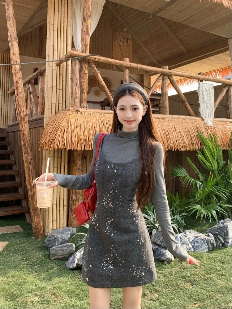 Ele ey High Collar Base T-irt Women's Winter New Sparkling Waist Cinch ter Dr Two Piece Set Faionable Ensemble