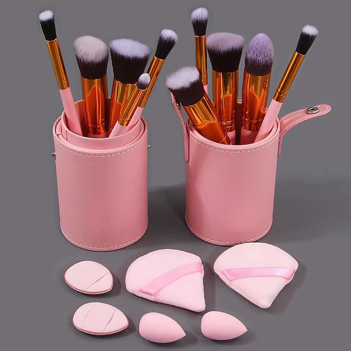17PCS pink makeup brush set, including facial makeup brush set + makeup sponge powder puff set + portable storage bucket