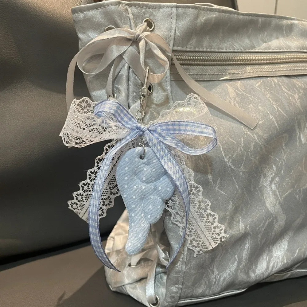 Sweet Polka Dot Star Pendant Keychain Angel Wings Bow Ribbon Bag Charm Music Note Lace Key Ring