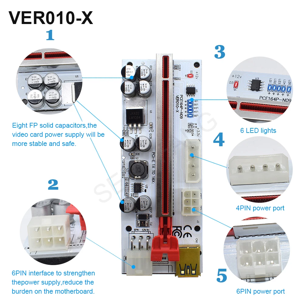 VER009S USB 3.0 PCIE Riser Cartão Adaptador, VER009C PLUS VER010-X VER012 Max Express 16x, SATA 15Pin para 6Pin, mais novo, 1 a 10pcs