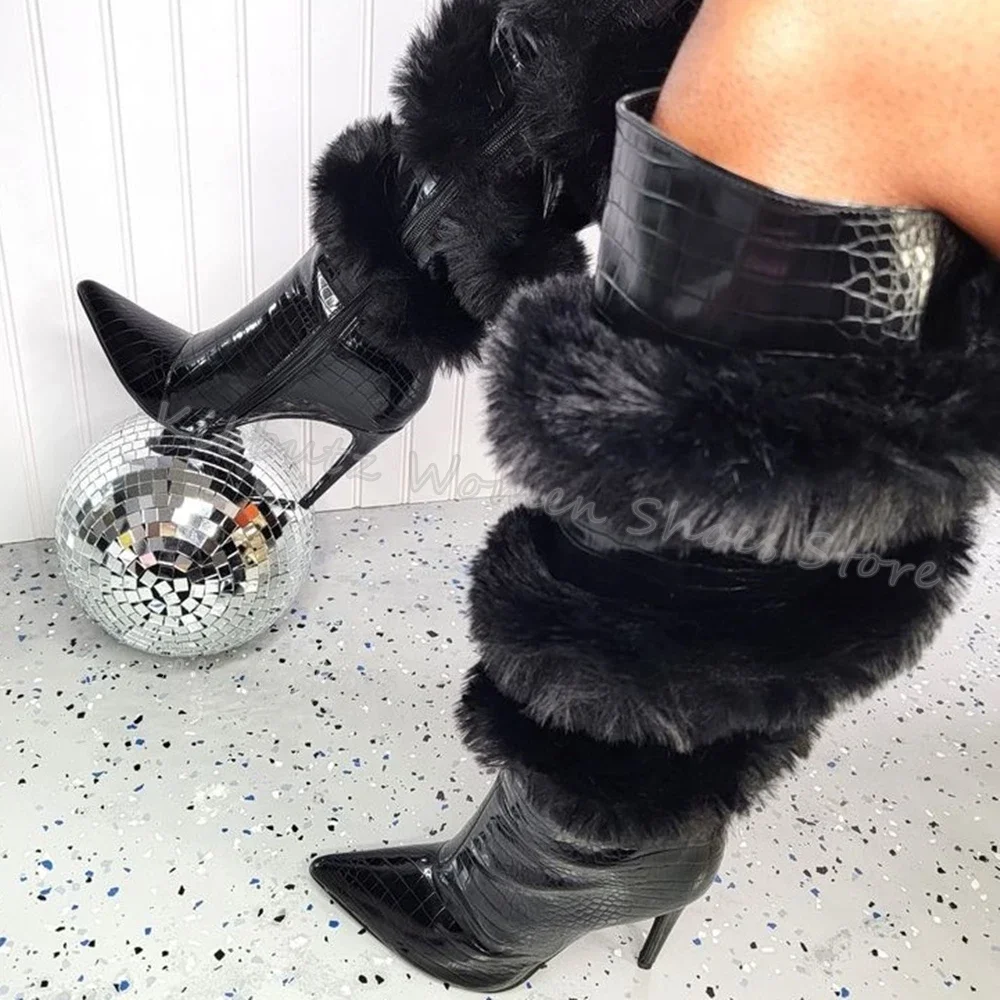 

Сапоги до колена из натуральной кожи с меховым ремешком, однотонные модные элегантные пикантные лаконичные женские туфли на боковой молнии, новейшие заостренные туфли