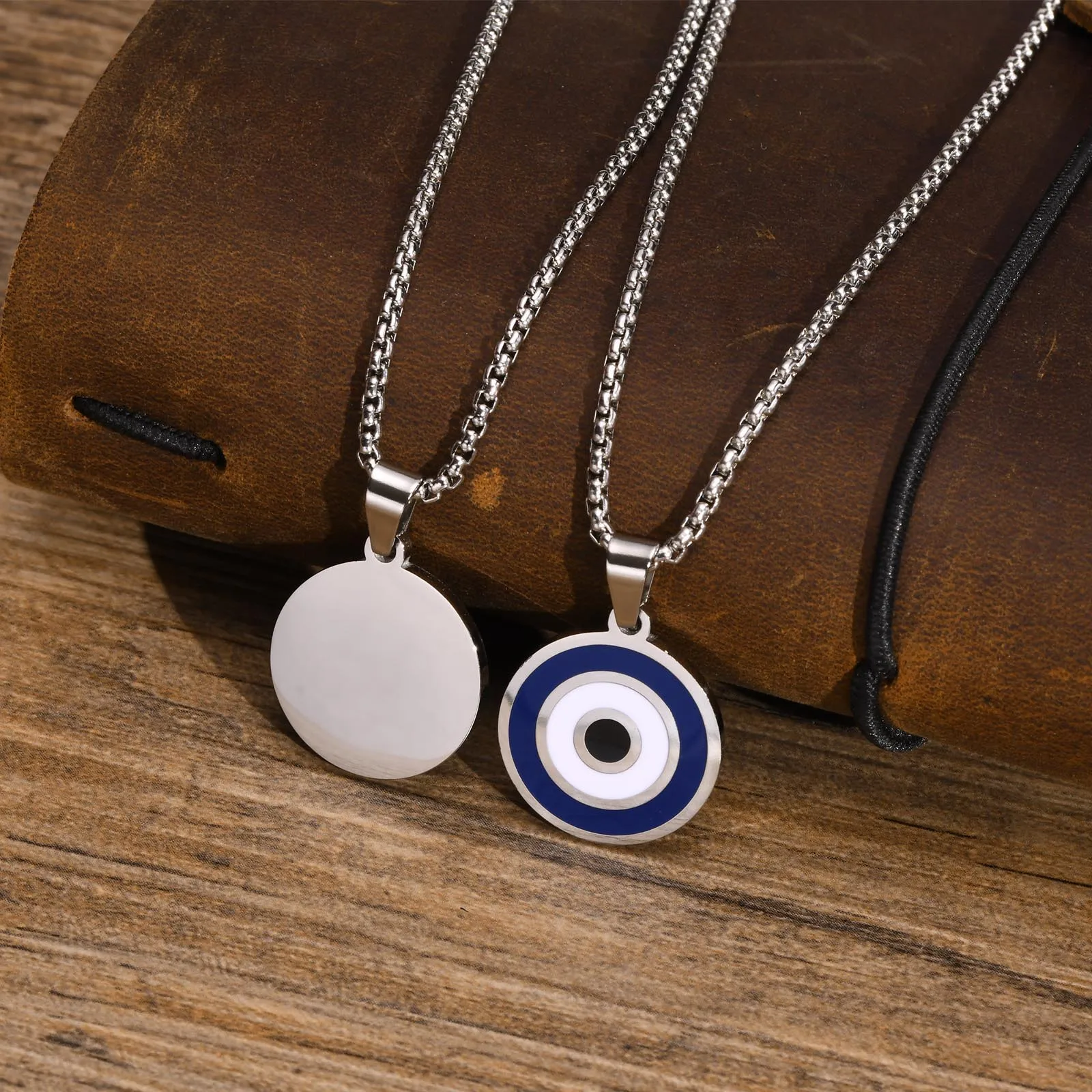 Lässige Evil Blue Eye-Halsketten für Männer, runder Anhänger aus Edelstahl mit Box-Kette, ethnischer türkischer Kragen, Geschenke, Schmuck – Detail 6