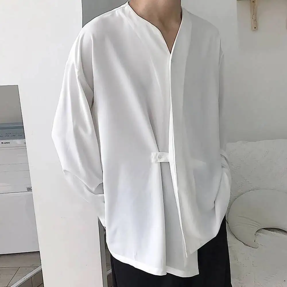 Mesh Apparel Short Bulk Shirts For Men Male Autumn Casual Loose Lrregular Collarless Long Sleeve Shirt