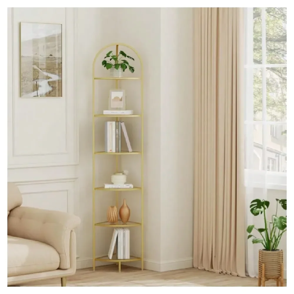 

Corner Shelf Stand, Metal Corner Bookshelf, Tempered Glass Shelves, Bathroom Storage Rack Shelf, Plant Stand, Modern Style, Gol
