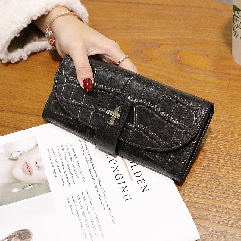 Women Real Leather Long Black Wallet Fashion Crocodile Genuine Cow Leather Money Clip Cellphone Card Holder Gift Clutch 8Z