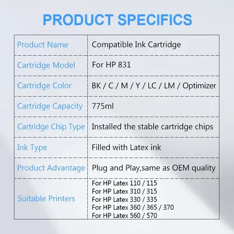 For HP 831 Ink Cartridge with Latex Ink For HP 110 115 310 315 330 335 360 365 370 560 570 L360 L365 L330 Printer 775ML