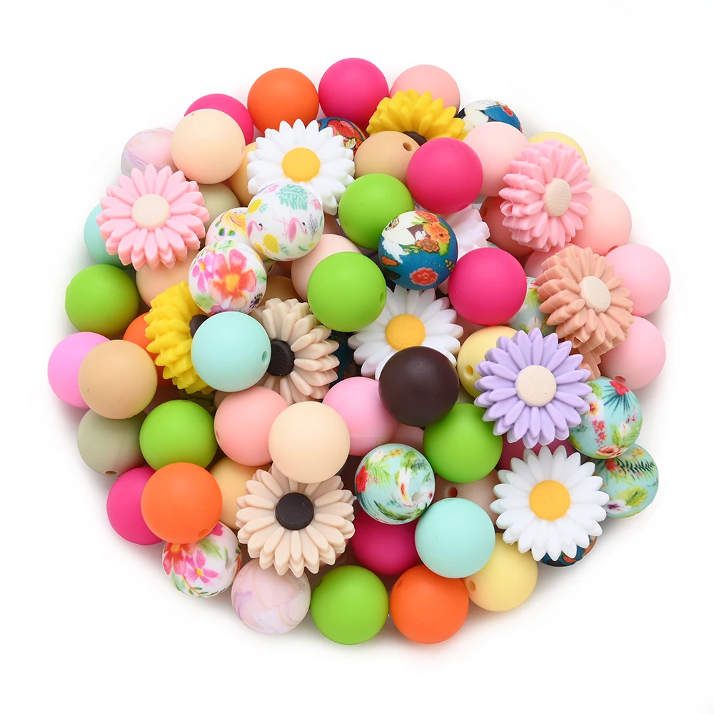 22/27Pcs Silicone Beads Set Flower Printed Silicone Bead Without BPA for DIY Baby Pacifier Chain Jewelry Accessories Focus Beads