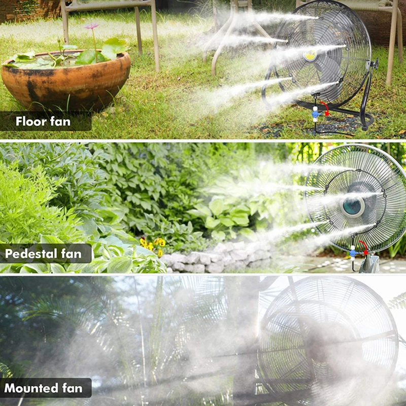 Portable Misting Kit For Fan with 5pcs Brass Sprinkler Nozzles with Mini Quiet 24V Pump for Misting Cooling System