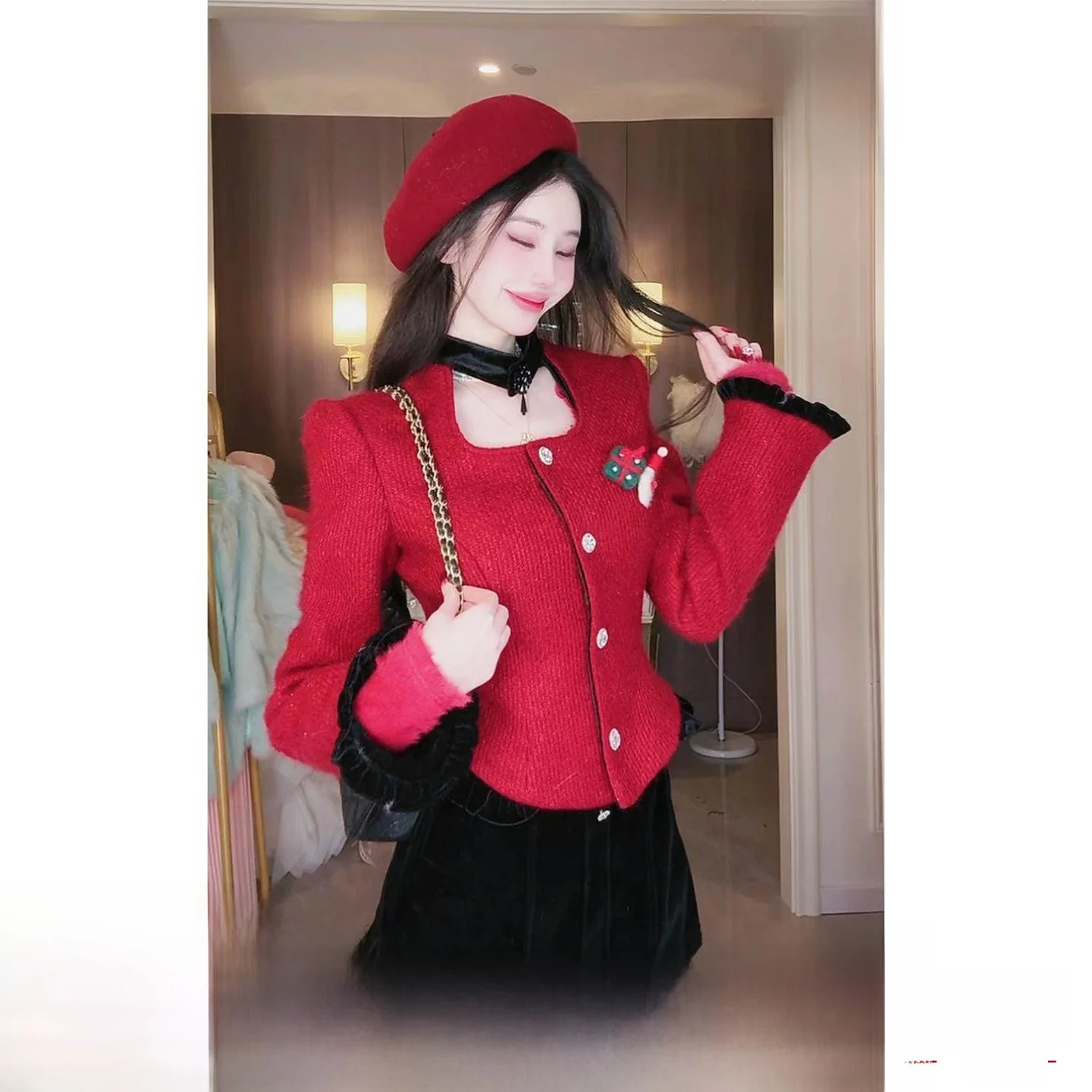 

Sy Red Sun New Year Winter Jaet Cisas Square Collar Slim Fit ort Top Commute Sle Polyester Nylon Rayon Blend