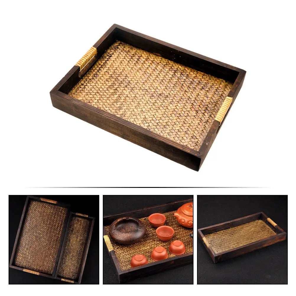 1Pcs Bamboo Woven Tea Tray Rustic Serving Tray for Aroma Stove Coffee Cups Fruits Spa Salon Tea Art Storage