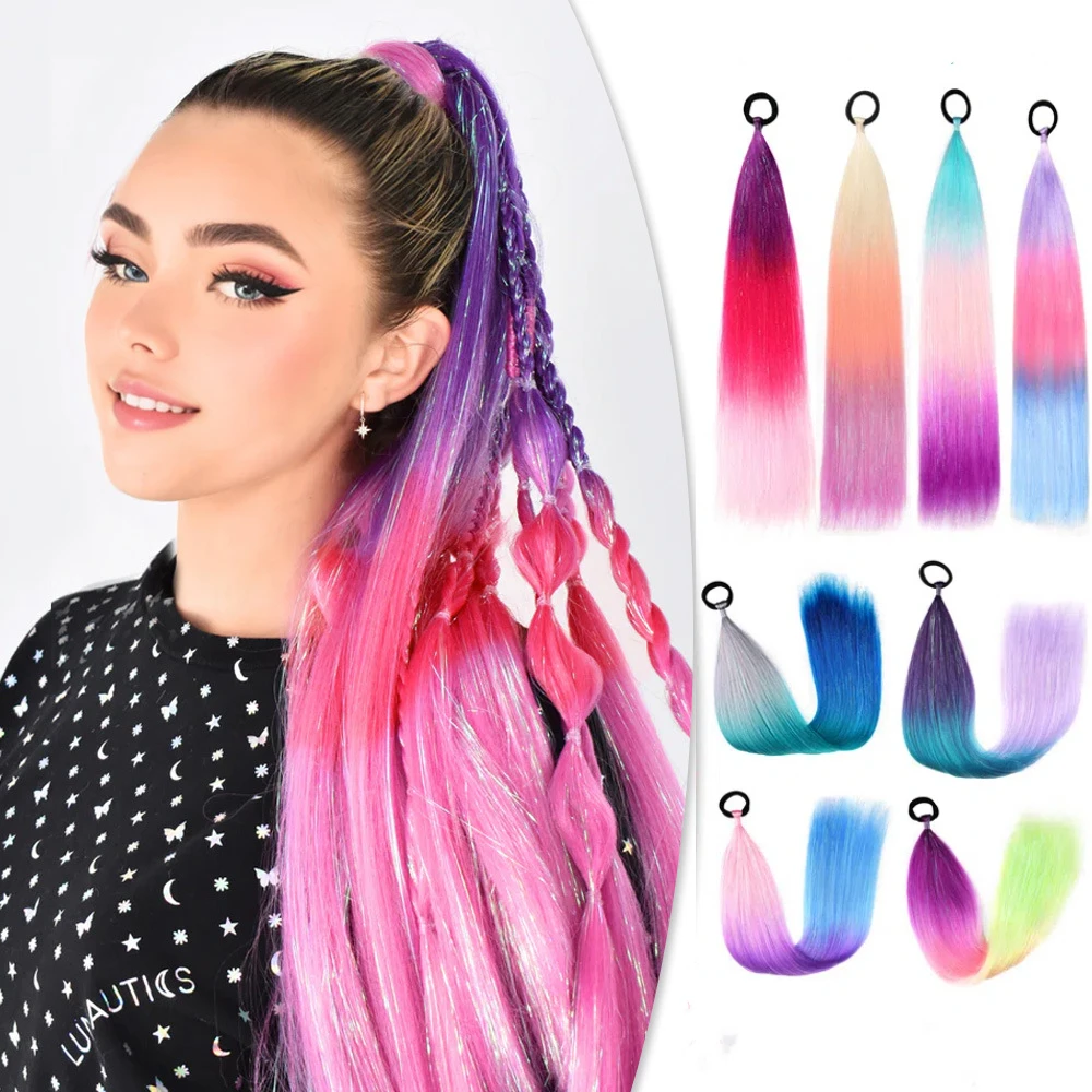 

Similler 2pcs Synthetic Straight Ponytail Hair Extensions with Elastic Hair Tie Colorful Braiding Hair for Women Music Festival