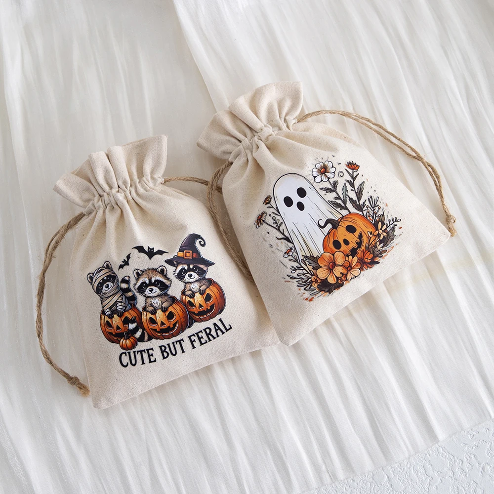 12pcs Bulk Halloween Candy Bag Burlap Drawstring Gift Packing Bags for Kids Party Favors Trick Or Treat Bag Halloween Decoration