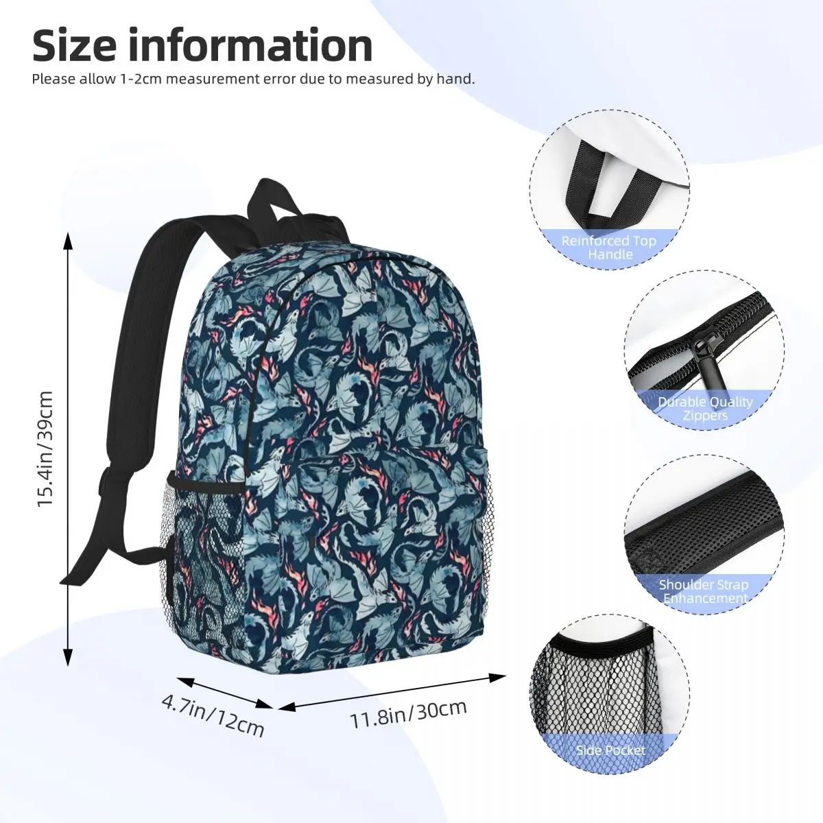 Dragon Fire Dark Blue For Girls Boys Large Capacity Student Backpack Lightweight waterproof Backpack 15inch