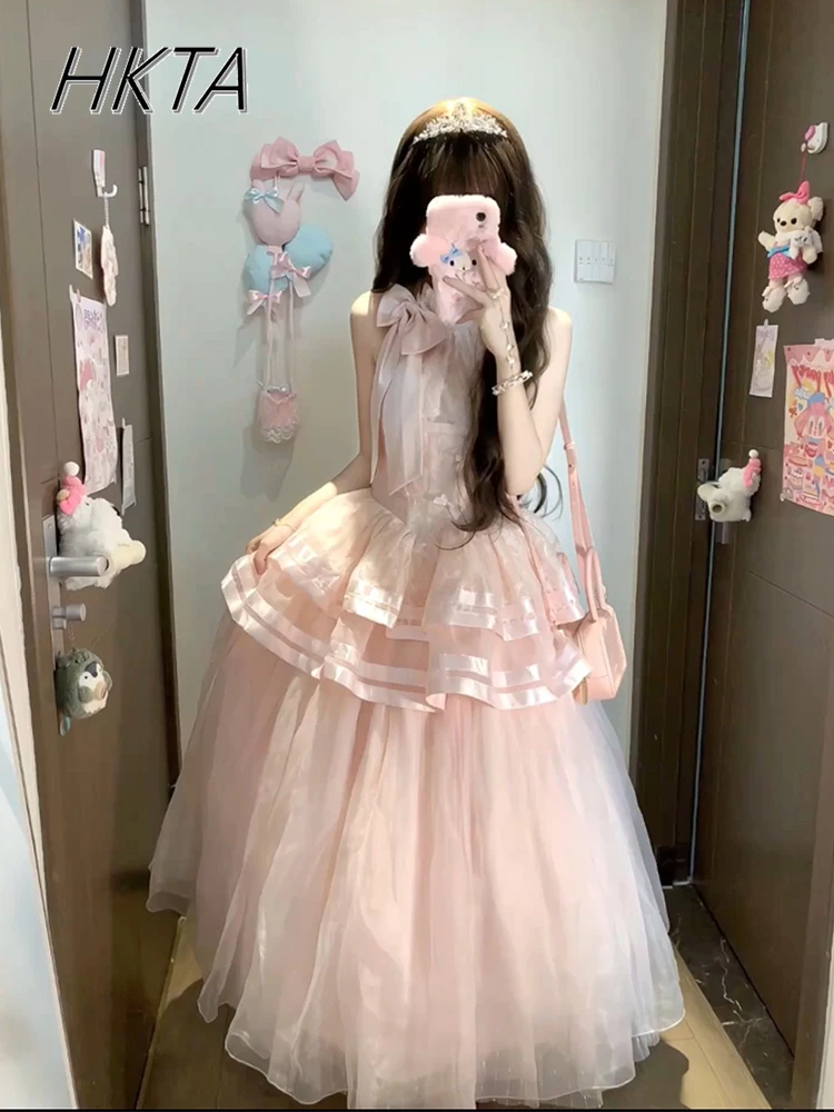 

Sweet Cute Lolita Dress Elegant French Bow Princess Ballet Birthday Dresses Sweet Pink Sleeveless Long Dresses Women Vestidos