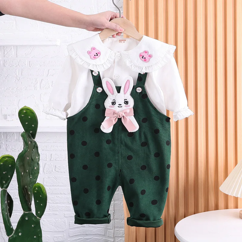 

Girls Track Suit Set Spring Autumn Baby Girl Clothes 12 to 18 Months White Long Sleeve Shirts + Cartoon Dot Overalls Kids Outfit