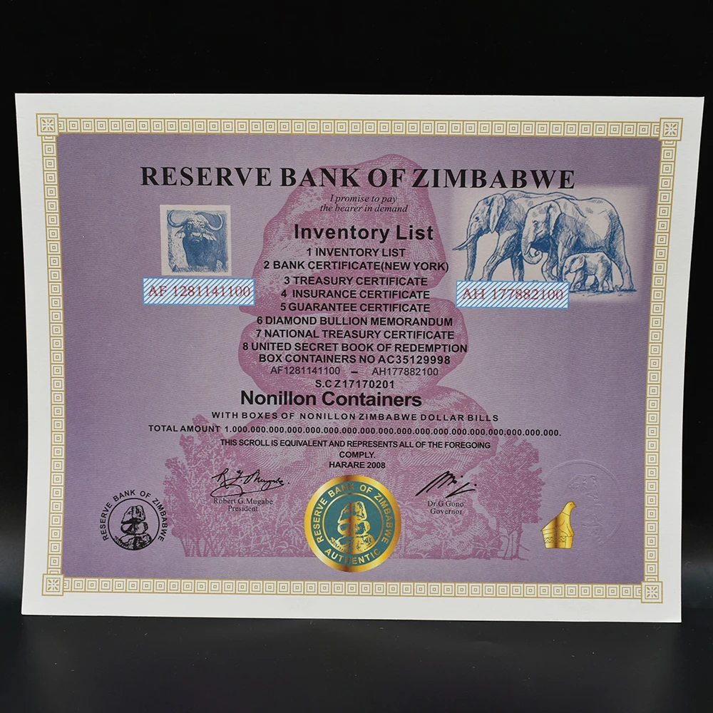 Nonillon Zimbabwe 54 Zeros Paper Money Certificate with Zimbabwe Gold Bar Fluorescent Watermark Collectibles