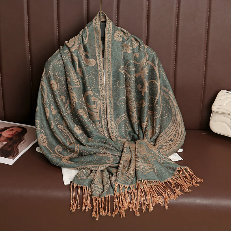 Ethnic Style Tassel Blanket Thick Pashmina New Winter Warm Shawl Wrap Cashmere Jacquard Scarf Women Neckerchief Poncho Stoles